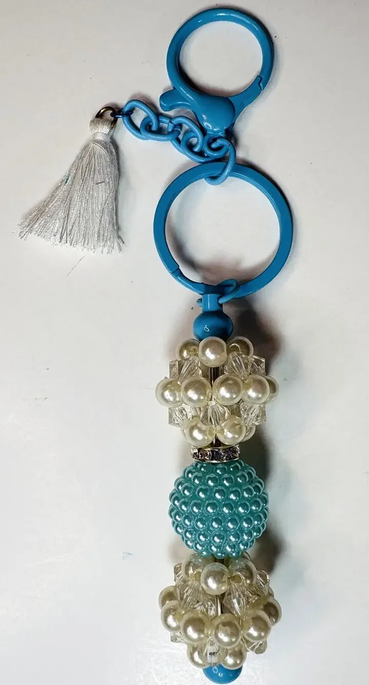 Vintage Handmade Blue Beaded Keychain – 6” Bag Charm with White Bubble Beads -vn